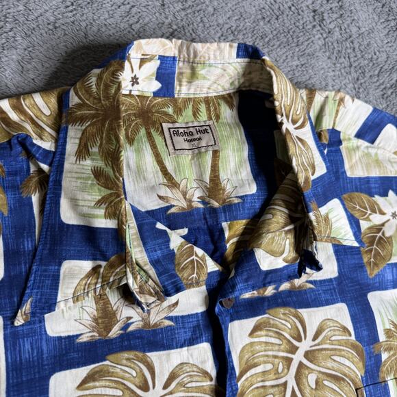 Aloha Hut Hawaii Shirt Mens XL Cotton Button Up Tile Art Floral Palm Trees Blue - Picture 2 of 5